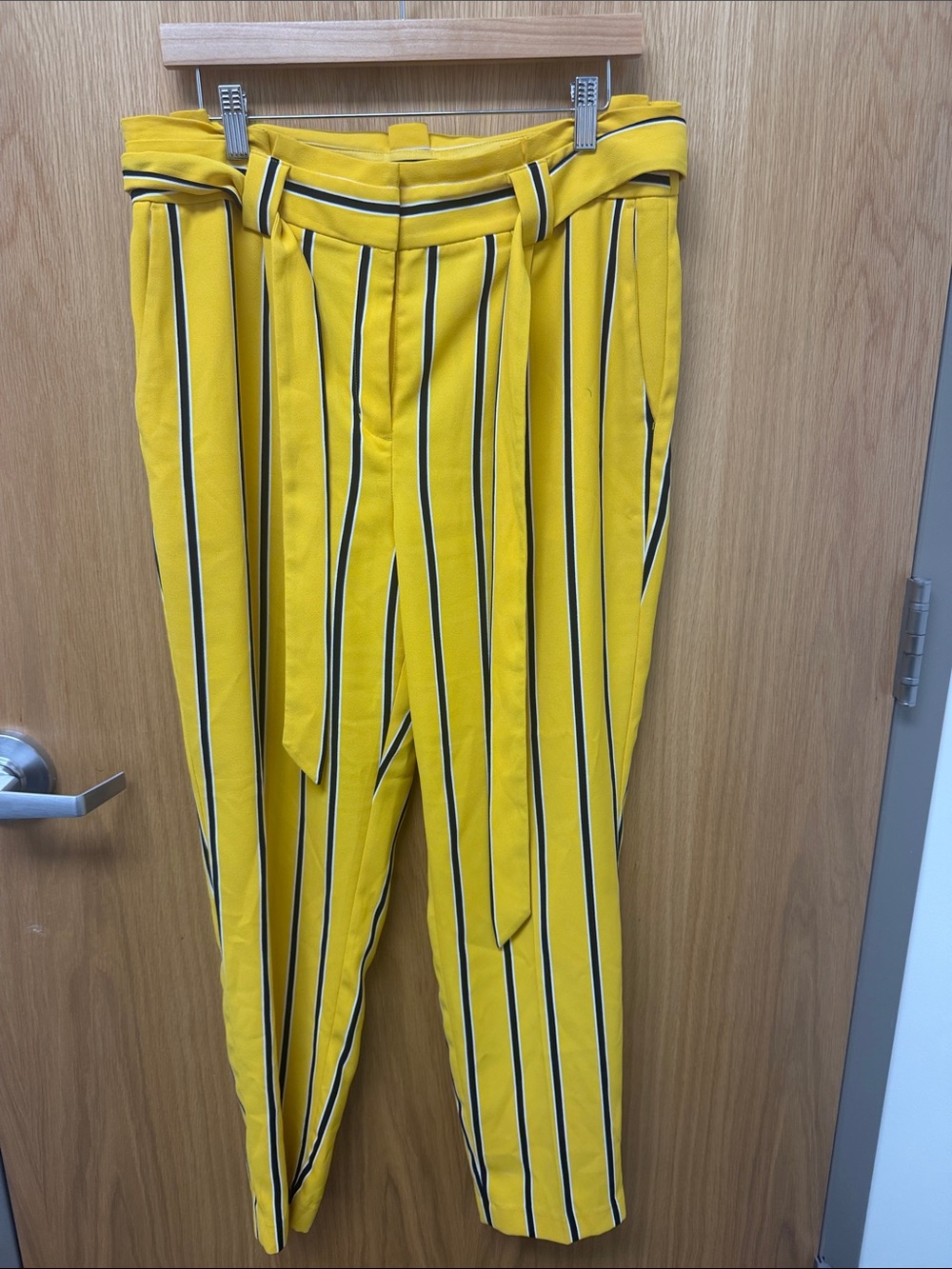 Express Bright Yellow Striped High-Waist Tie-Belt Business Casual Trousers